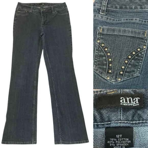 ANA Jeans Women 12 T Blue Denim Bootcut Mid Rise Studded Med Wash 32x33 - Picture 1 of 6